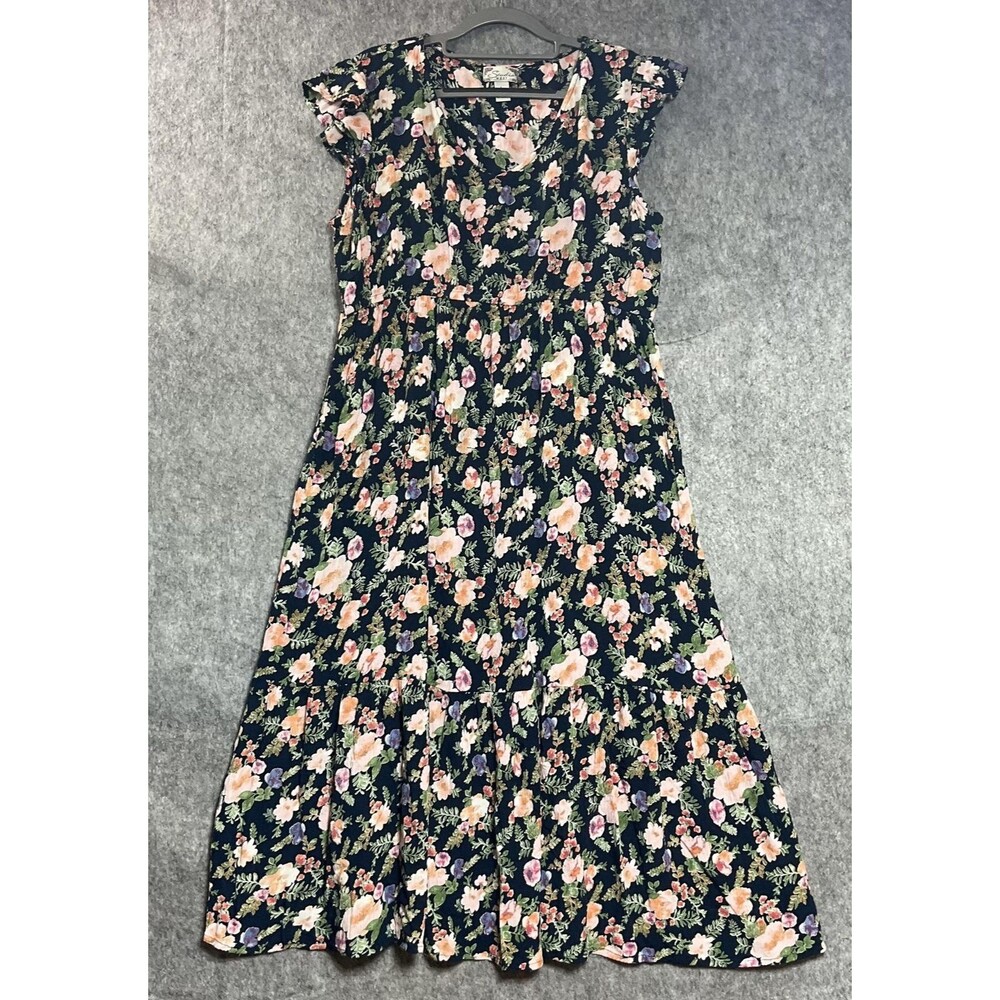 Studio West Dress Womens Large Navy Floral Tiered Boho Midi V Neck Flowy Cottage